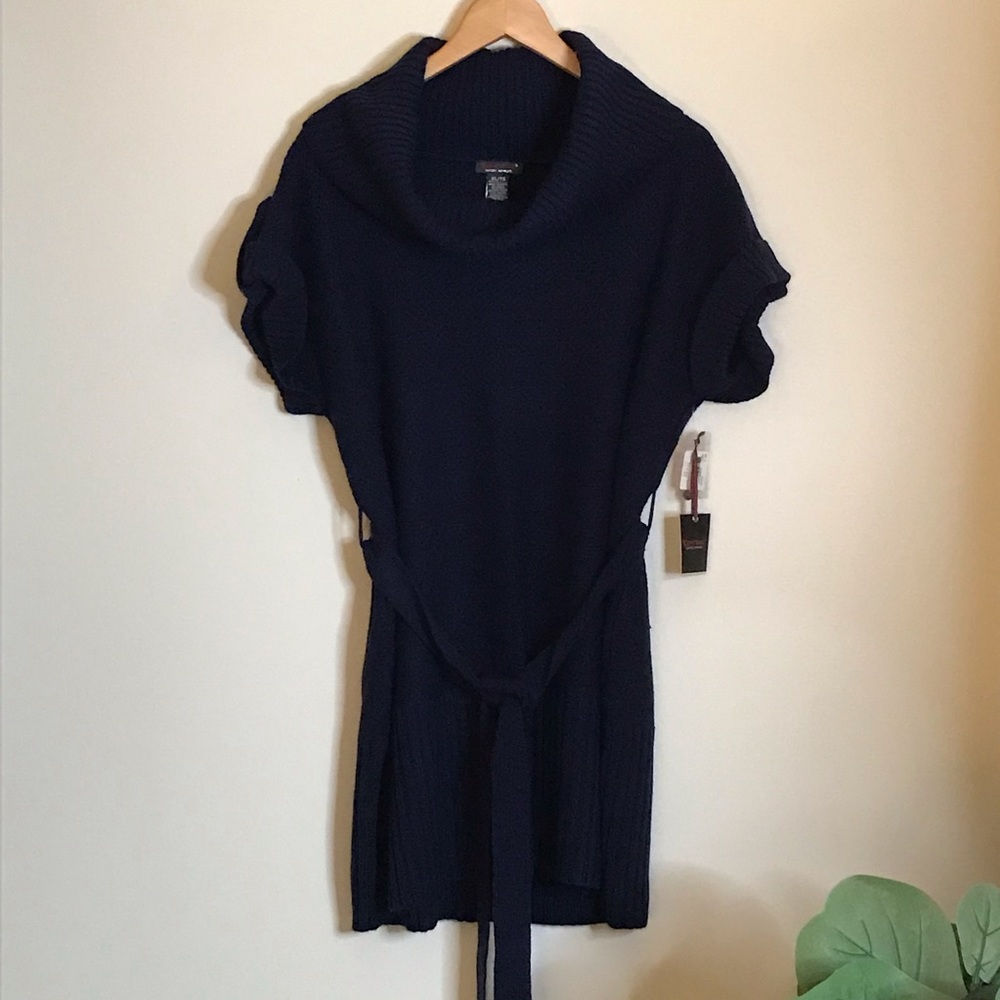 NWT Devoted XL Navy Blue Cowl Neck Short Sleeve Tunic Sweater